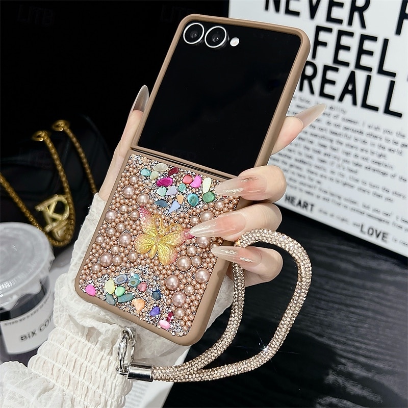 Phone Case For Samsung Galaxy Z Flip 7 Z Flip 6 Z Flip 5 Z Flip 4 Back Cover with Lanyard Bling Glitter Shiny Shockproof Butterfly Retro PC3