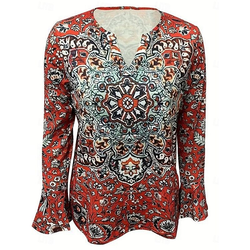 Women's Blouse Floral Retro Vintage Ethnic 3/4 Length Sleeve V Neck Regular Tops Daily Holiday Print Red Summer Spring Fall3