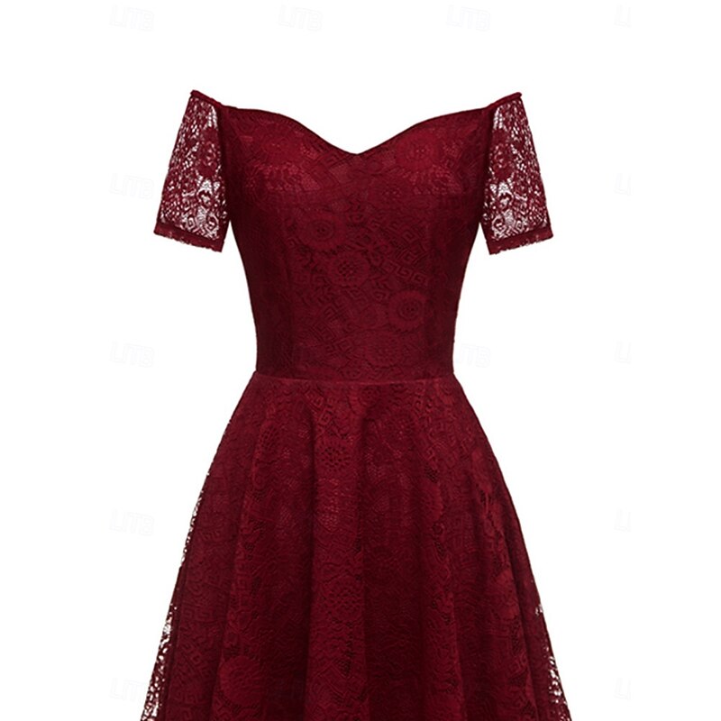 Women's Midi Dress Lace Dress Cocktail Dress Wedding Guest Dress Chiffon Elegant Fashion Modern Outdoor Cocktail Party Regular Fit Plain Short Sleeve Off Shoulder Black Pink Wine Summer Spring Fall4