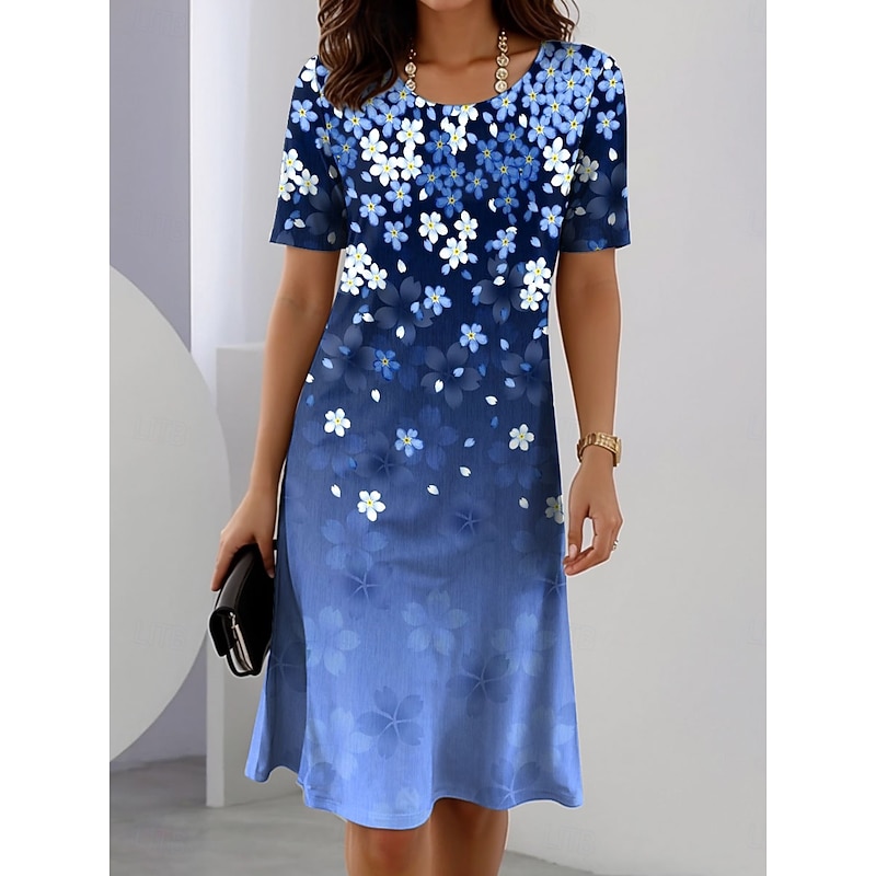 Women's Elegant Party Evening Midi Dress Crew Neck Short Sleeve Shift Dress Summer Dress Casual Daily Regular Fit Floral Graphic Red Blue Purple Green Summer Spring