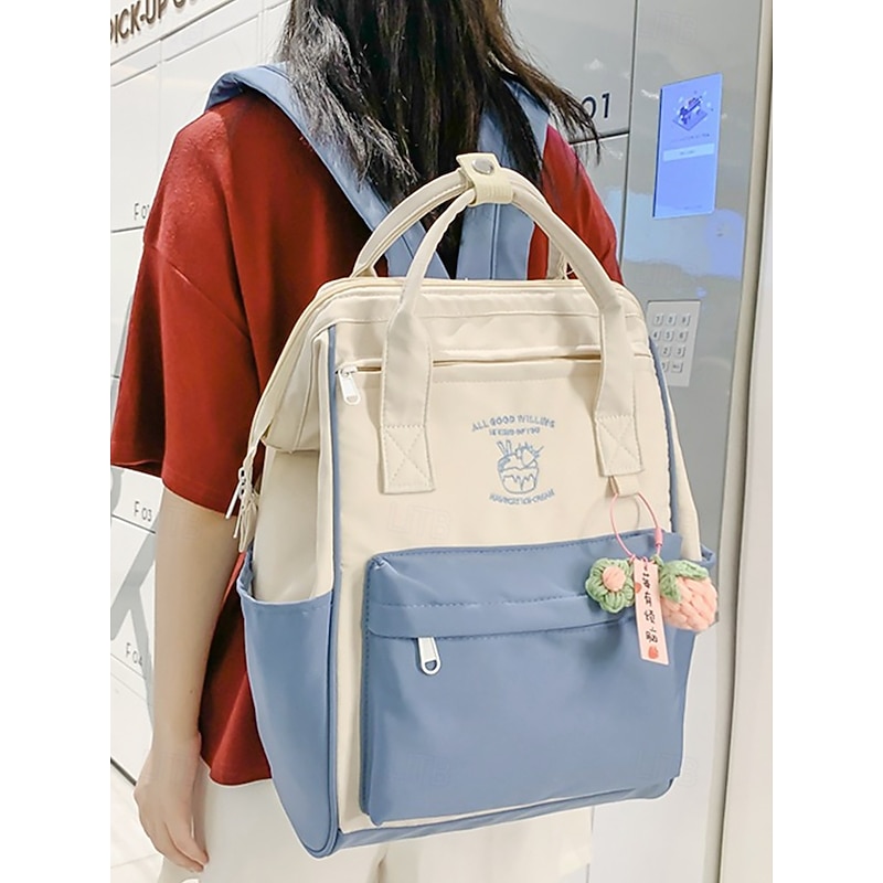 Teen Girls Kawaii Colorblock Backpack for – Lightweight School Bookbag with Large Capacity and Fruit Keychain for Daily Use and Campus