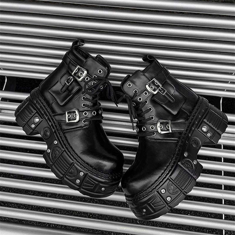 Men's Black Rivet Buckle Combat Boots – Gothic Platform Lace-Up Ankle Boots for Concerts, Biker Style & Punk Events2