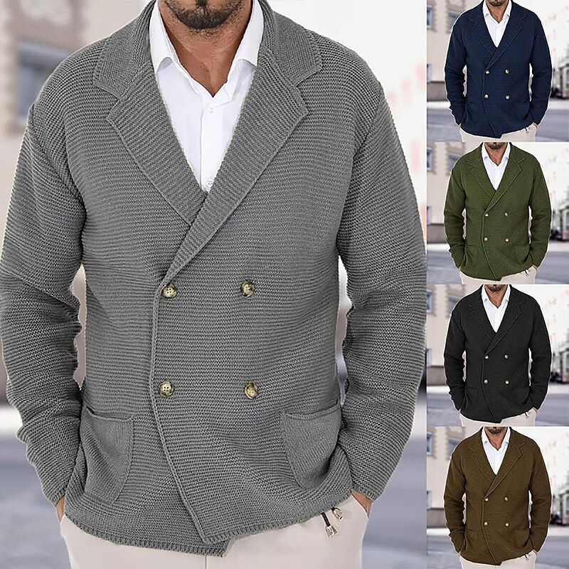 Men's Sweater Cardigan Sweater Ribbed Knit Regular Tops Knitted Plain Notch Modern Contemporary Smart Casual Office Casual Clothing Apparel Spring &  Fall Black Dark Blue S M L - Main Image