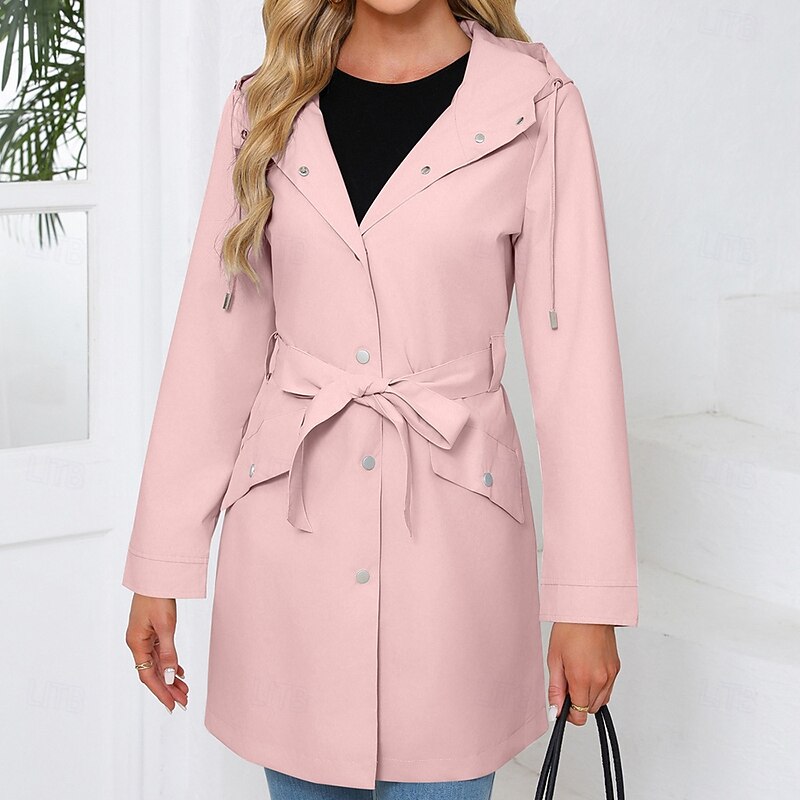 Women's Coat Waterproof Comfortable Pocket Buttons Fashion Street Style Plain Outdoor Casual Daily Long Hooded Regular Fit Long Sleeve Outerwear Black White Pink Spring Fall4