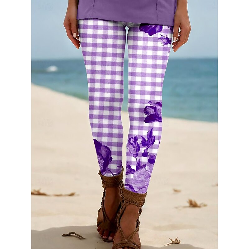 Women's Leggings Vacation Vintage Ethnic Style Ankle-Length High Waist Floral Graphic Plaid Checkered 3D Print Breathability Soft Comfortable High Elasticity Outdoor Vacation Home Light Brown Light3