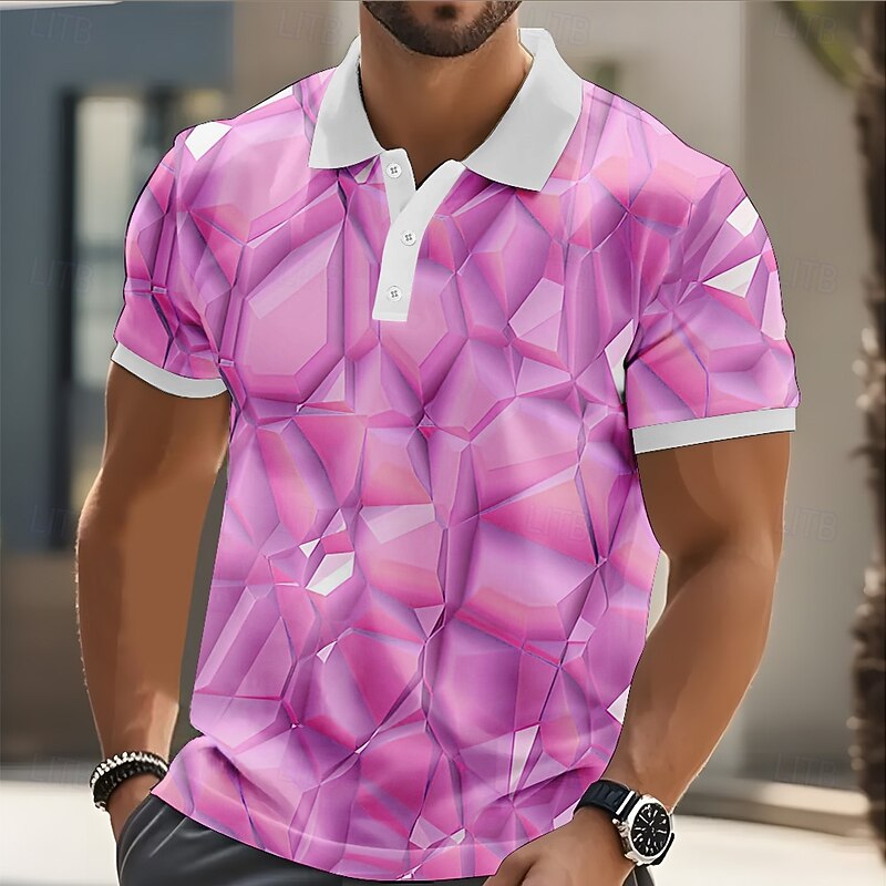 Men's Geometic Polo Short Sleeve Polo Shirts Collared Shirts Casual Street Athleisure Daily Wear 3D Print Buttons Summer Pink Blue Purple3