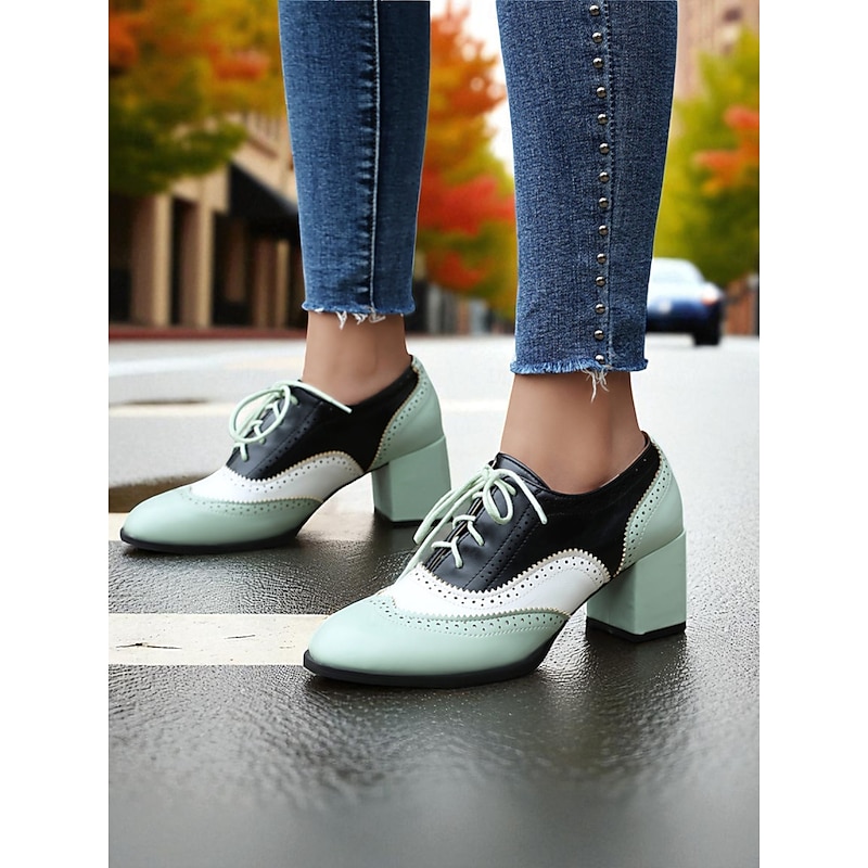 Women's Two-Tone Oxford Block Heel Shoes – Retro Lace-Up Brogues in Mint Green and Metallic for 1950s-Inspired Street Style, Daily Outfits, and Casual Events3