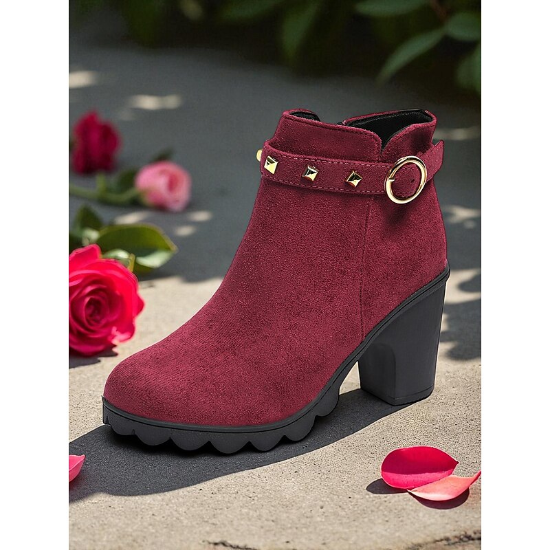 Women's Burgundy Faux Suede Ankle Boots – Chunky Heel Fashion Booties with Studded Strap for Fall Outfits, Parties and Shopping4