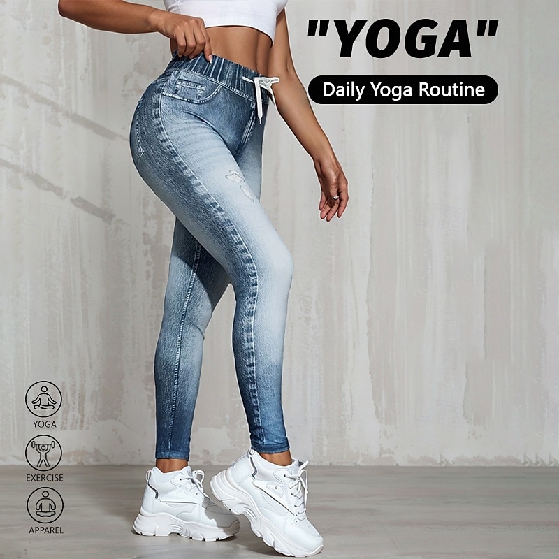 Women's Denim Print Fake Jeans Yoga Leggings Drawstring Tummy Control High Waist Gym Dance Athletic Bottoms Royal Blue Blue Fall Sports Activewear Tight Fit