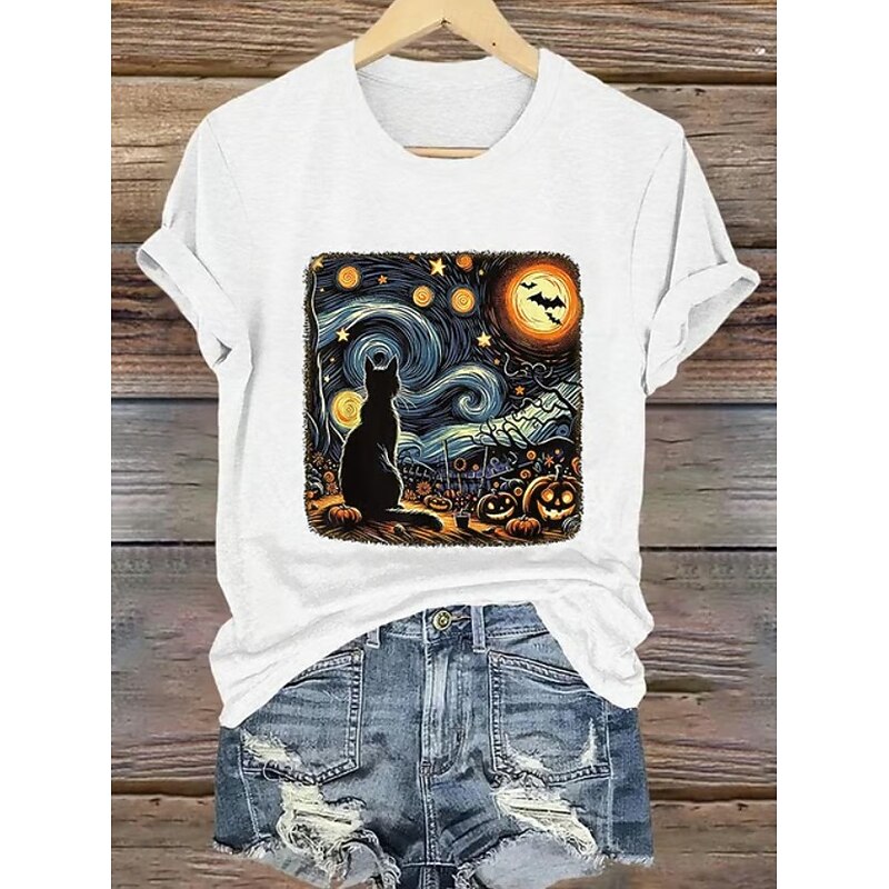 Halloween Women's T shirt Black Cat Graphic Skull Cat Vintage Stylish Classic Short Sleeve Crew Neck Round Neck Regular Tops Daily Weekend Print Black White Blue Orange Gray Summer Fall2