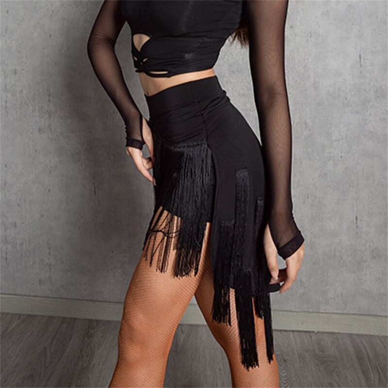 Women's Latin Dance Fringe Skirt – Asymmetrical High-Waist Hip-Hugging Half Skirt for Cha-Cha, Rumba & Practice/Performance Wear