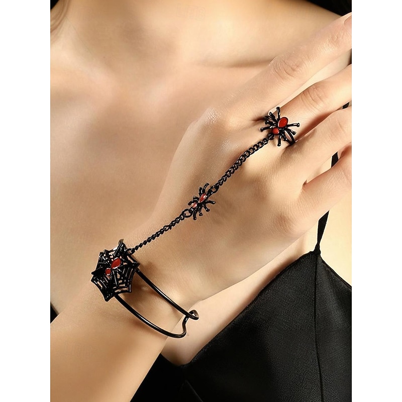 Women's Halloween Spider Web Bracelet Ring Set – Gothic Alloy Hand Chain Jewelry with Adjustable Fit, Party and Cosplay Accessories2