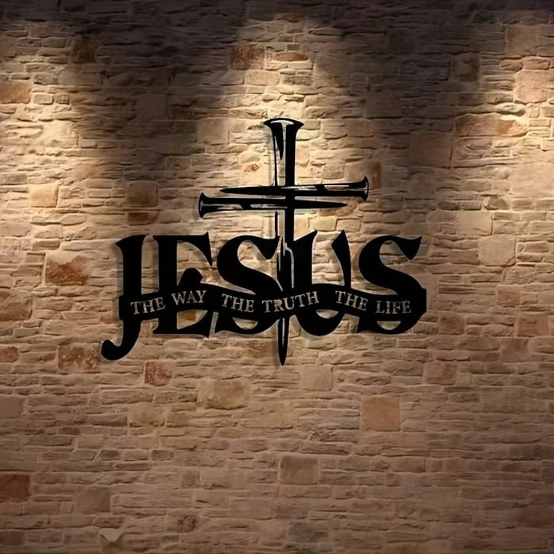 Jesus & Cross Design Wall Art Black Metal Silhouette Hollow Cutout Iron Artwork Religious Home Wall Decoration Christian Hanging Craft Ornament for Living Room Bedroom