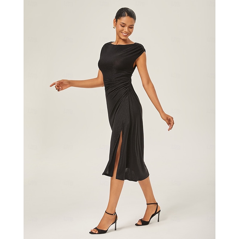 Black Glitter Off-Shoulder Cinched Knit Dress