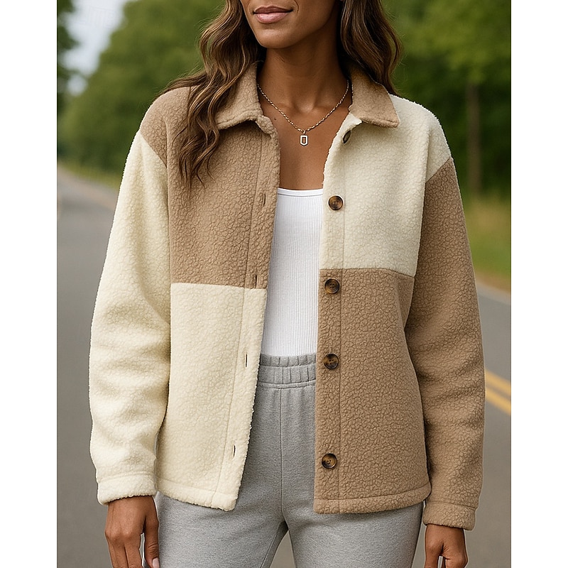 Women's Teddy Bear Fleece Coat Lapel Jacket Long Sleeve Top Athleisure Color Block Windproof Warm Outdoor Sportswear Activewear Khaki3