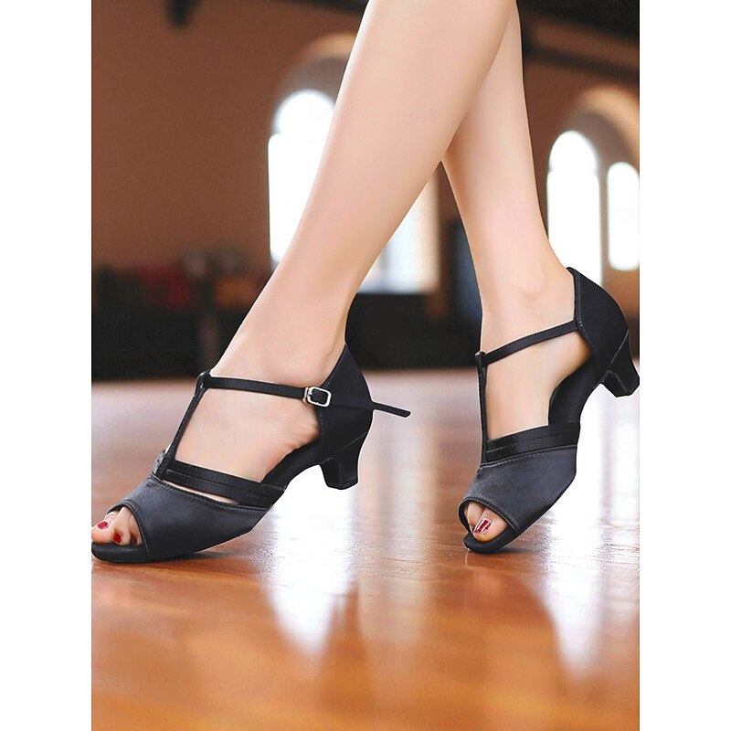 Women's Black Satin Latin Dance Shoes - T-Strap Peep Toe Ballroom Heels for Beginners and Professionals, Ideal for Salsa, Rumba, and Practice Sessions3