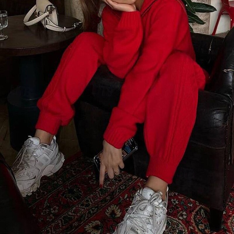 Women's Sweatpants Knitted Suit Quarter Zipper Solid Colored Clothing Suit Fall & Winter White Red Gym Training Running High Waist Windproof Moisture Wicking Long Sleeve Sport Activewear Micro-elastic3