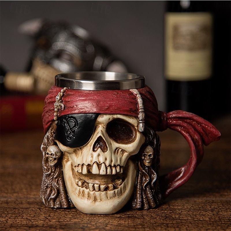 Halloween Pirate Skull Mug, Gothic Skeleton Beer Stein, Creative Bar Drinkware, Unique Skull Cup for Party, Home or Office Decor