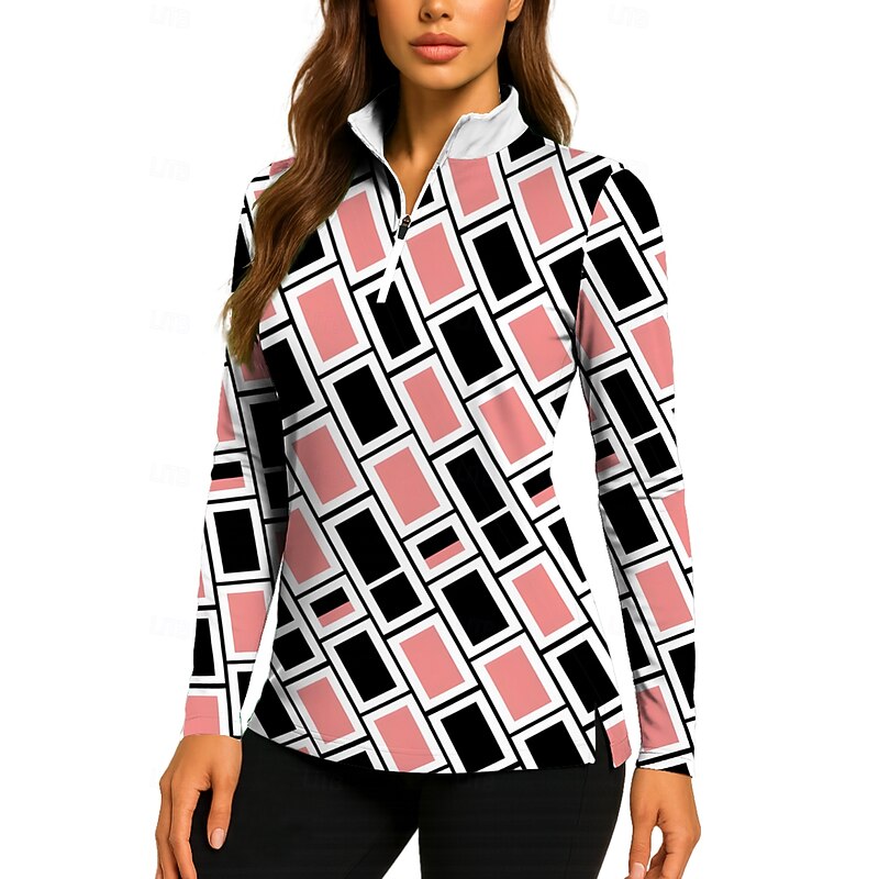 Women's Geometric Sweatshirt Golf Polo Shirt Tennis Shirt Long Sleeve Print Quarter Zip Pullover UV Protection Elastic Breathable Volleyball Tennis Golf Stand Collar Zip Collar Shirt Polo Pink Tennis