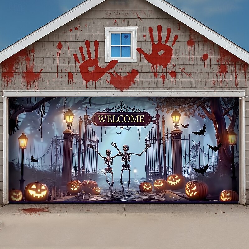 Halloween Garage Door Cover – Skeleton Welcome Scene with Red Leaves, Outdoor Decoration for 2025 Halloween Home Front Yard2