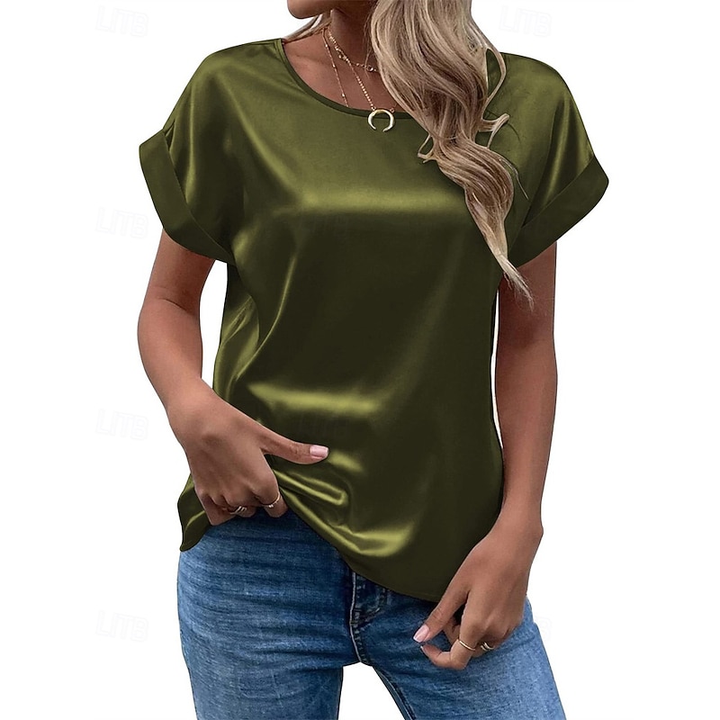 Women's T Shirt Tee Top Plain Fashion Modern Short Sleeve Crew Neck Regular Satin Tops Daily Going out Weekend Wine Army Green Navy Blue Khaki Beige Summer4
