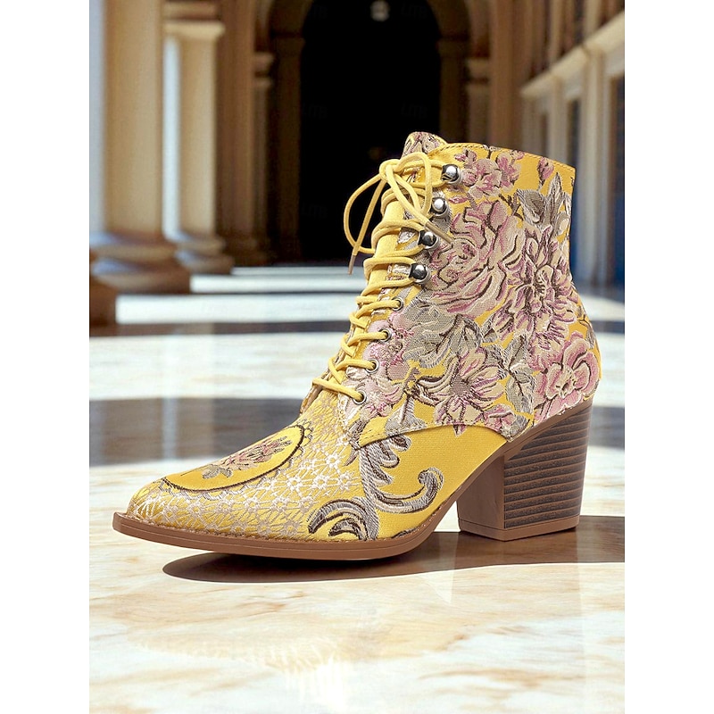 Women's Yellow Jacquard Lace-Up Ankle Boots with Chunky Heels - Late 19th Century Victorian Style Baroque Short Boots for Ladies, Ideal for Fall Outfits, Costume Parties, and Comfortable Walking