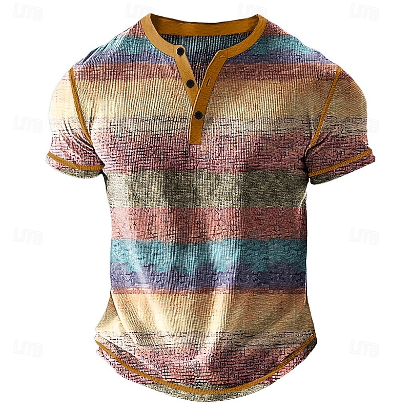 Men's Rainbow Striped Henley Shirt Waffle T Shirt Short Sleeve Daily Retro Vintage Classic Sports Outdoor Casual Holiday Spring & Summer All Seasons Blue Purple khaki Light Grey Henley Henley T-Shirt