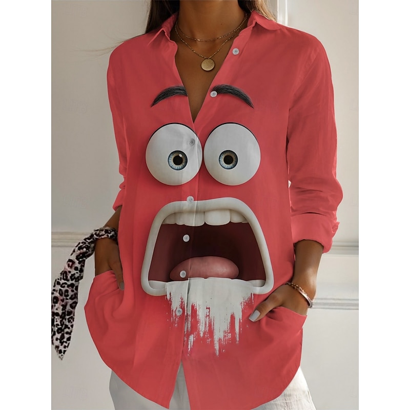 Women's Cartoon Funny Smile Face Shirt Active Daily Stylish Long Sleeve Shirt Collar Regular Tops Daily Holiday Buttons Print Yellow Red Spring Fall