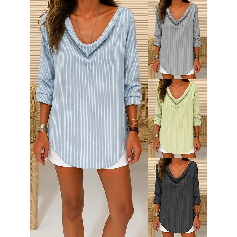Women's Blouse Striped Daily Stylish Long Sleeve Cowl Neck Regular Tops Daily Holiday Pocket Buttons Print Black Yellow Gray Light Blue Summer Spring Fall