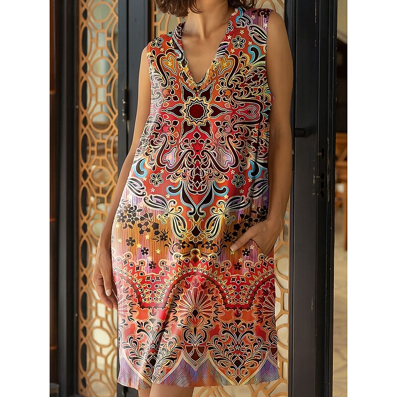 Women's Midi Dress Sundress Shift Dress Ruffle Dress Vacation Party Birthday Party Beach Regular Fit Floral Graphic Sleeveless V Neck Yellow Pink Red Blue Summer3