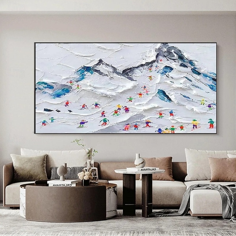 Large Handmade Oil Painting Skiers on Snowy oil painting  Peaks Vibrant Coats Textured Alpine Slope Artwork Wall Art Modern Room Decor