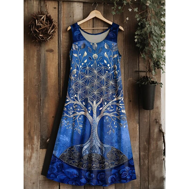 Women's  tree of life Merkabah Midi Dress Sundress A Line Dress Vacation Casual Boho Wedding Party Going out Standard Fit Floral Graphic Leaf Sleeveless U Neck Silver3