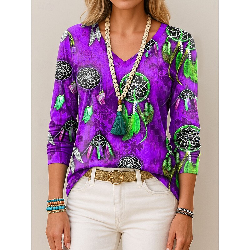Women's T Shirt V Neck Long Sleeve Tunic Graphic Feather Vintage Stylish Casual Regular Tops Daily Print Blue Purple Orange Green Summer Spring Fall3