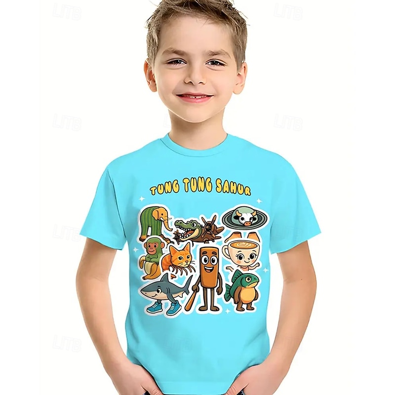 Boys' Blue T-Shirt with Cartoon Character Print - Tung Tung Tung Sahur Design T shirt Tee Short Sleeve Summer Spring Fashion Basic Kids 4-12 Years Crew Neck Outdoor Casual Daily Regular Fit