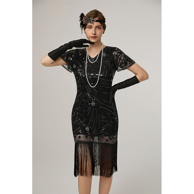 Retro Vintage Roaring 20s 1920s Midi Flapper Dress Cocktail Dress The Great Gatsby Flapper Girl Sequins Fringe V Neck Fancy Dress Women's Christmas Halloween Carnival Wedding Evening Party Masquerade2