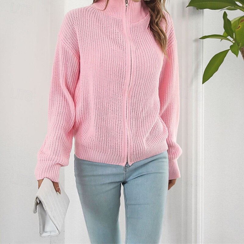 Women's Cardigan Casual Solid Color Chunky Turtleneck Zipper Knitted Long Sleeve Regular Tops Knit Daily Holiday Going out Pink Fall Winter2