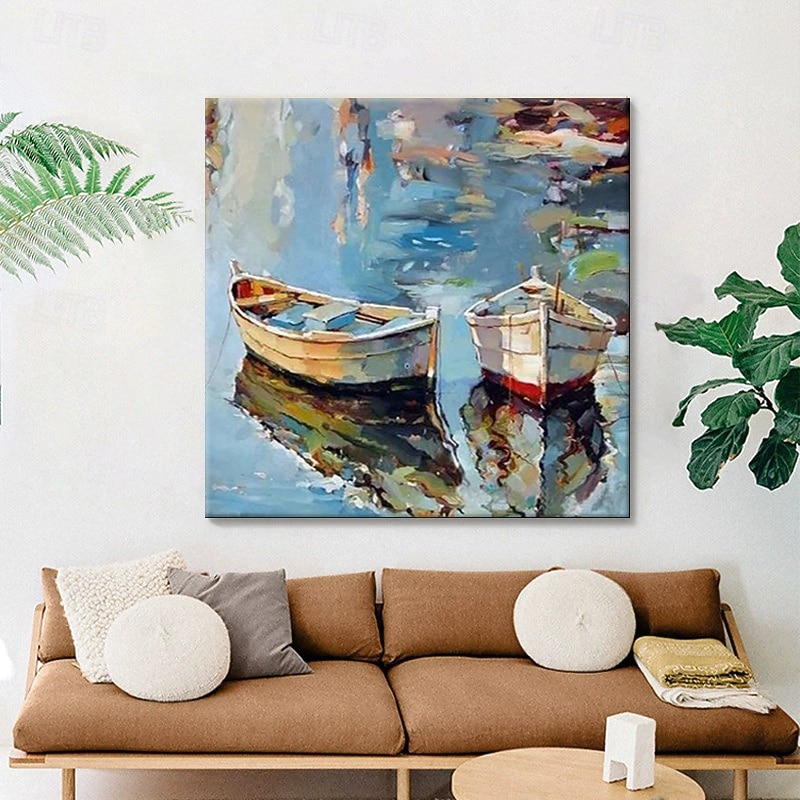 Handmade Oil Painting Canvas Wall Art Decoration Modern Abstract Boating Small Boat for Home Decor Stretched Frame Hanging Painting/Rolled Canvas (No Frame)