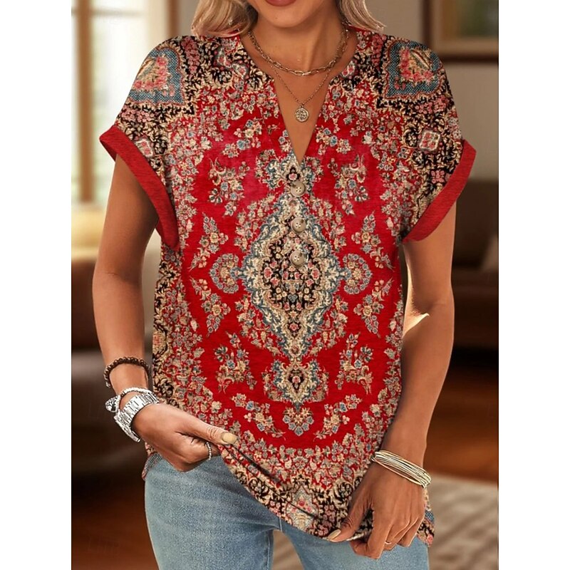 Women's Cotton Shirt Floral Graphic Vintage Tropical Stylish Short Sleeve V Neck Regular Tops Daily Print Black Yellow Red Blue Green Summer Spring2