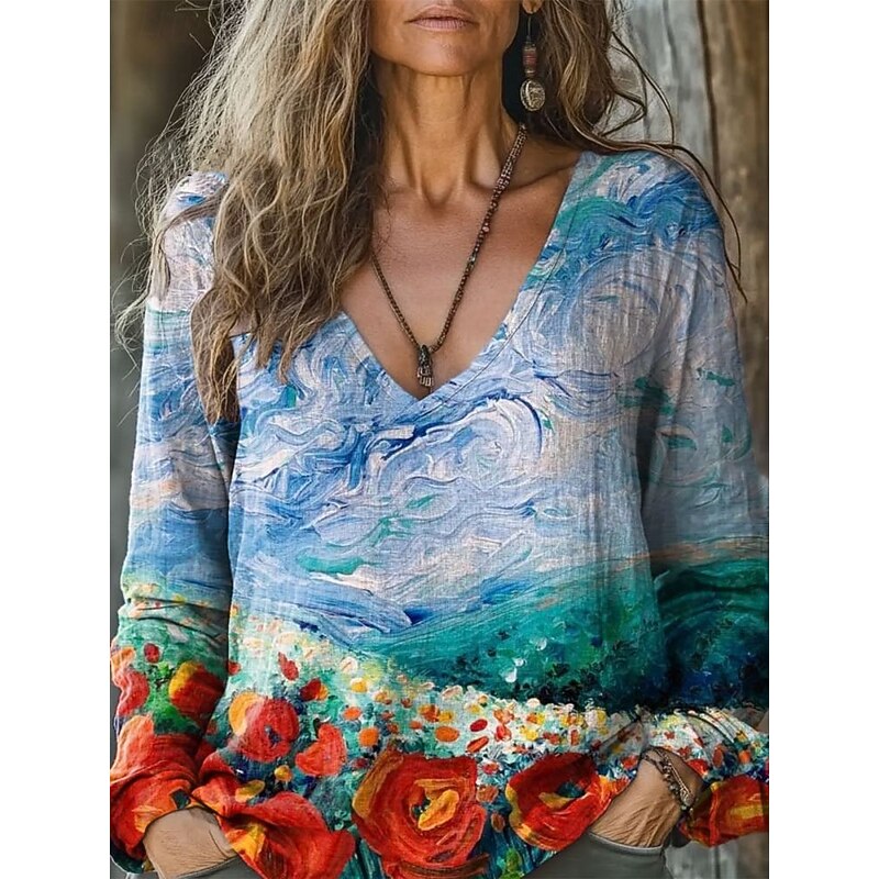 Women's Blouse Floral Daily Stylish Long Sleeve V Neck Regular Tops Daily Holiday Print Black White Navy Blue Royal Blue Blue Summer Spring Fall4