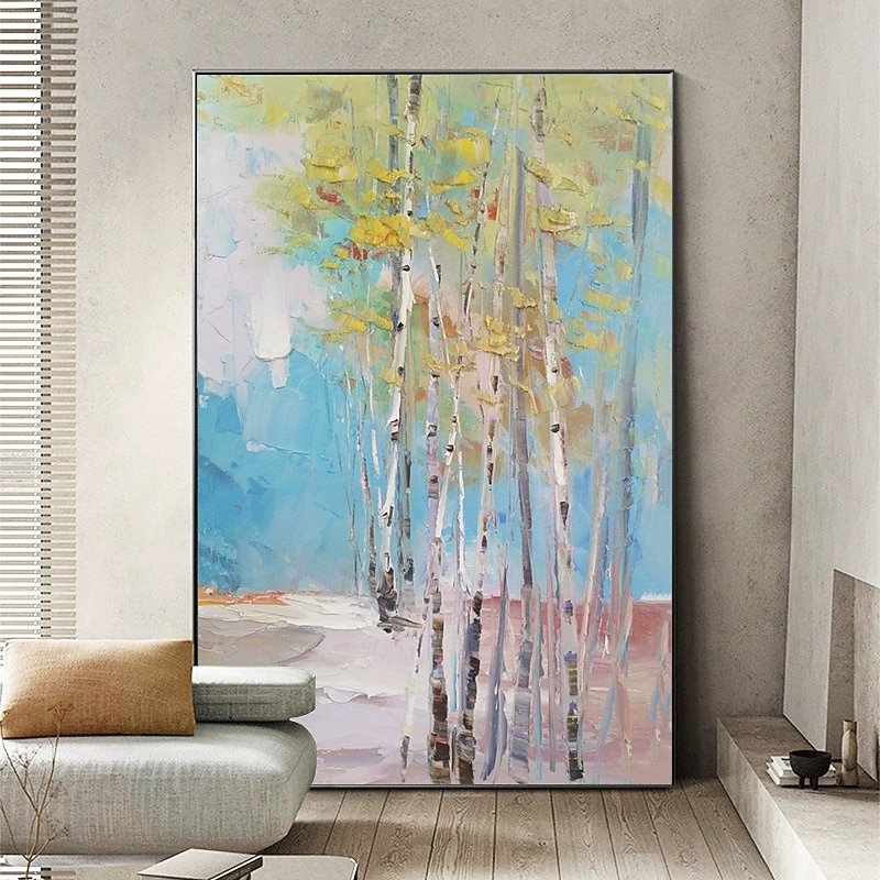 Handmade Oil Painting Canvas Wall Art Decoration Abstract Birch Forest Landscape for Home Living Room Decor Rolled Frameless Unstretched Painting