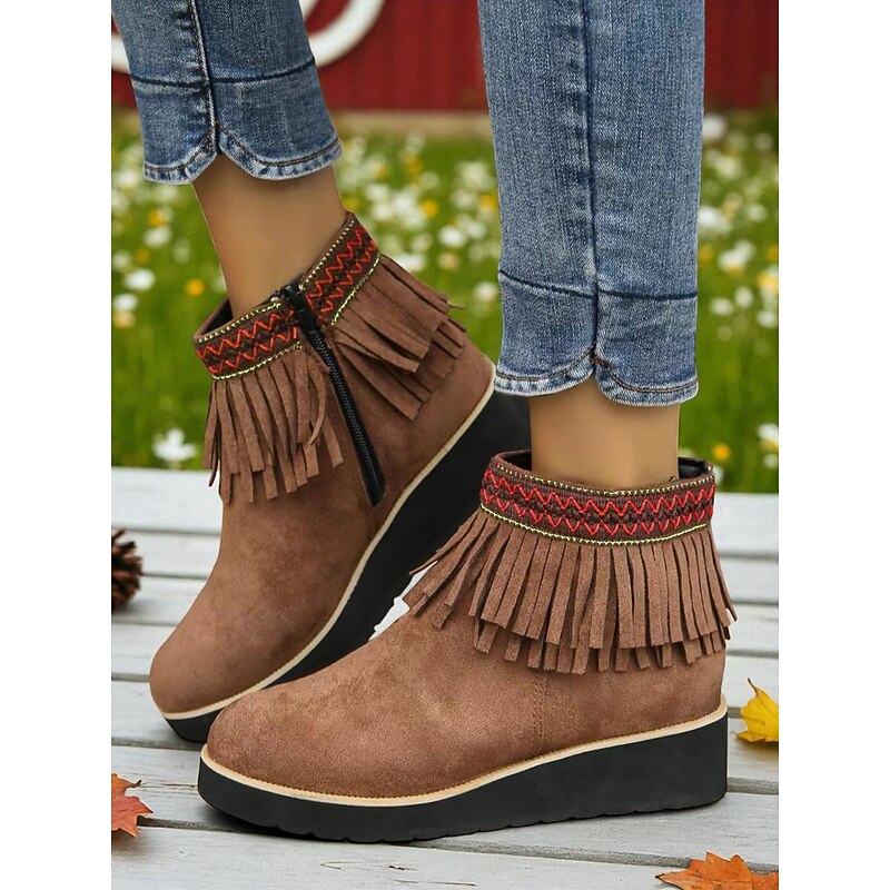 Women's Brown Faux Suede Fringe Wedge Ankle Boots – Western Style Casual Shoes for Garden Strolls, Fall Festivals & Farm Days4