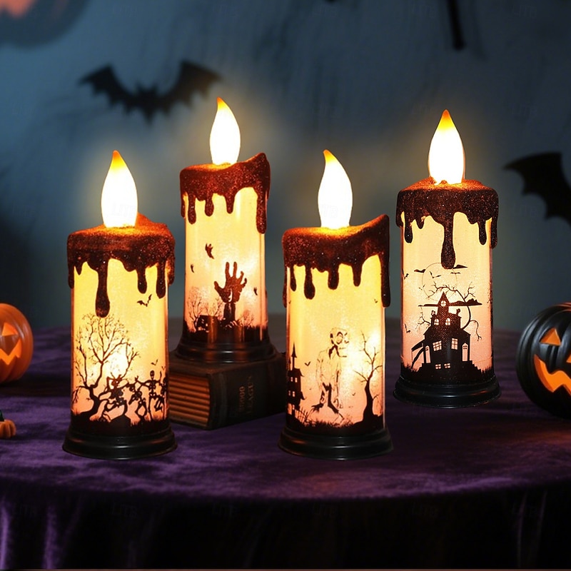 Halloween LED Candle Lights – Set of 4 Styles Optional, Creative Halloween Atmosphere Lights for Party, Bar, Home Decoration