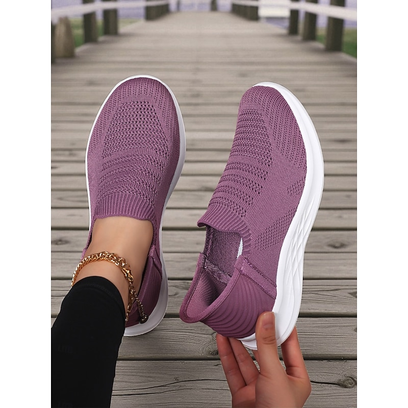 Women's Purple Slip-On Knit Walking Sneakers – Lightweight Breathable Athletic Shoes for Travel, Errands & Leisure Sports4