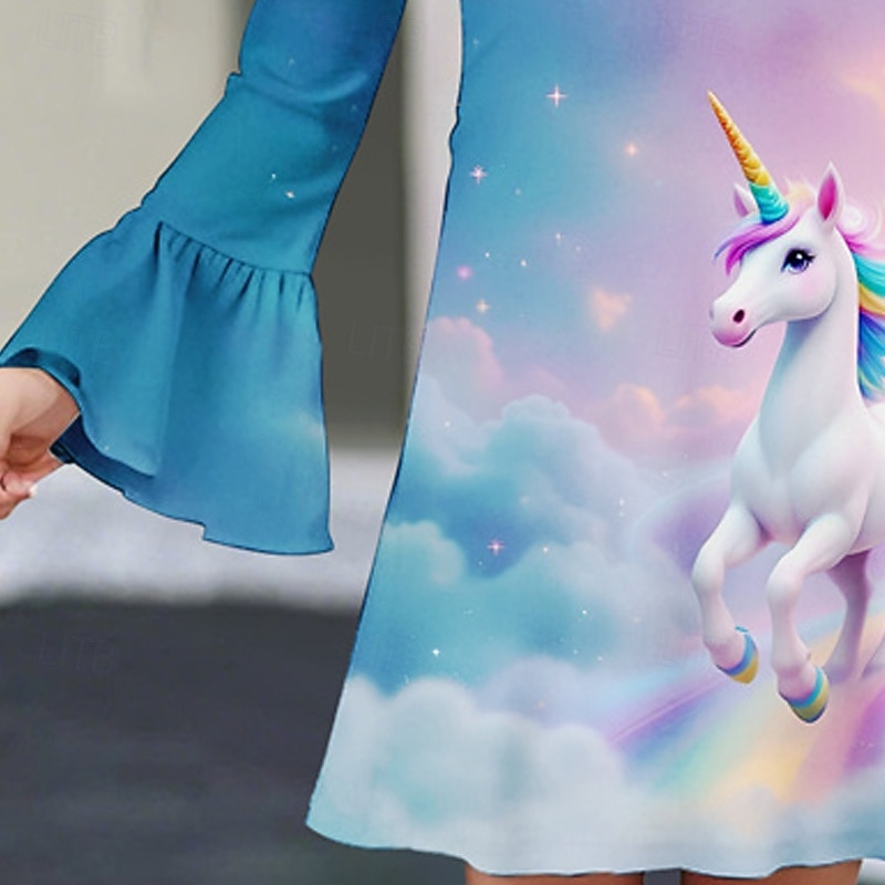 Girls' 3D Unicorn Dress Ruffle Dress Long Sleeve Summer Spring Vacation Daily Holiday Beautiful Sweet Kids 4-12 Years Casual Dress Knee-length Regular Fit3