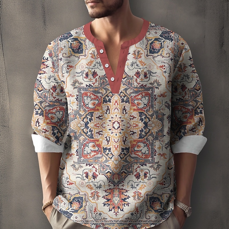 Men's Persian Floral Flower Pattern Shirt Henley Shirt Tunic Shirts Long Sleeve Ethnic Boho Outdoor Vacation Daily Summer Spring V Neck Button Up 3D Print Linen Like Shirt Light Grey