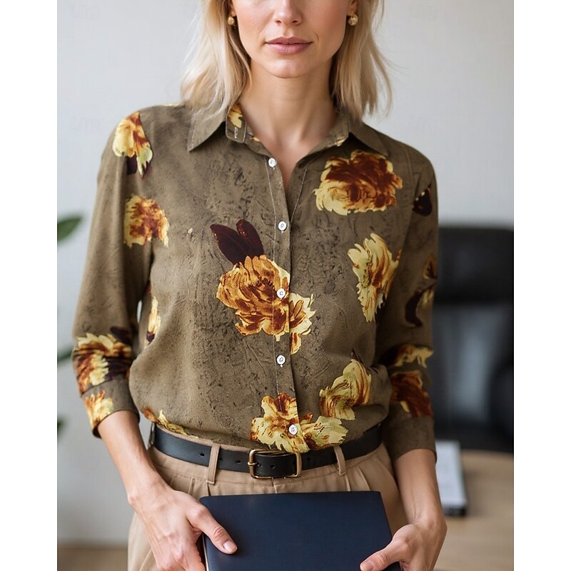 Women's Blouse Dressy Tops Chiffon Tops Graphic Color Block Elegant Daily Stylish Long Sleeve Shirt Collar Regular Tops Work Daily Buttons Print Blue Olive Emerald Green Brown Rainbow Spring, Fall4