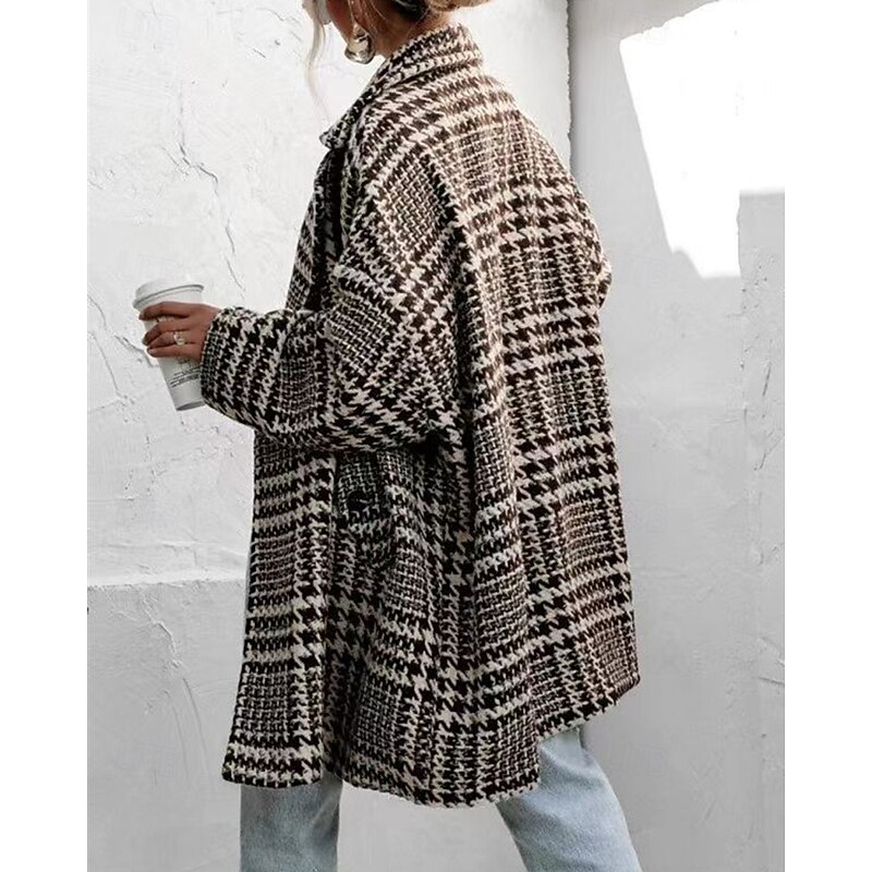 Women's Coat Casual Jacket Warm Comfortable Pocket Fashion Modern Casual Houndstooth Going out Weekend Single Breasted Long Turndown Regular Fit Long Sleeve Outerwear Black Apricot Fall Winter4