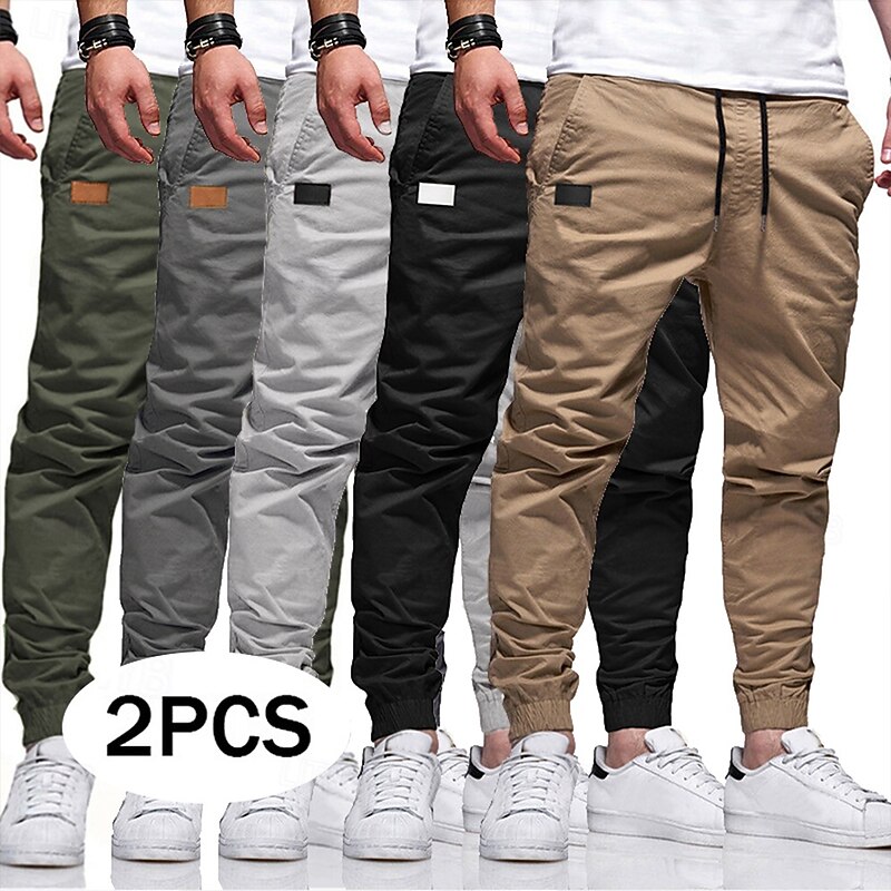 Men's Cargo Pants Cargo Trousers Joggers Trousers Chino Pants Pocket Drawstring Elastic Cuff Plain Full Length Sports Outdoor Running Vacation Streetwear Light gray+blue Black+Navy Blue