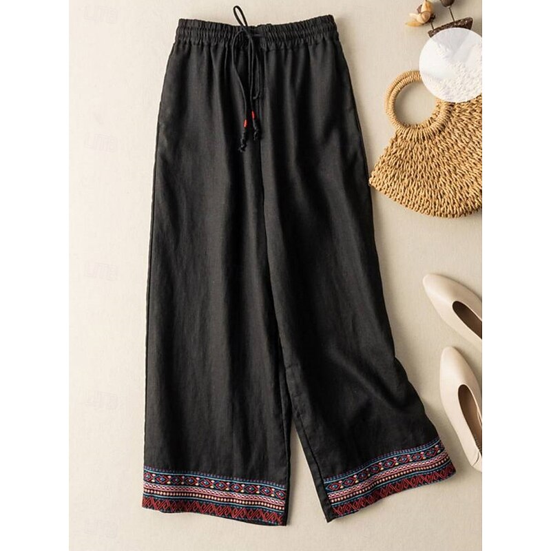 Women's Cotton Linen Pants Chinos Pants Trousers Fashion Ethnic Style Basic Full Length High Waist Floral Embroidered Pocket Drawstring Comfort Outdoor Micro-elastic Vacation Street Daily Apricot4