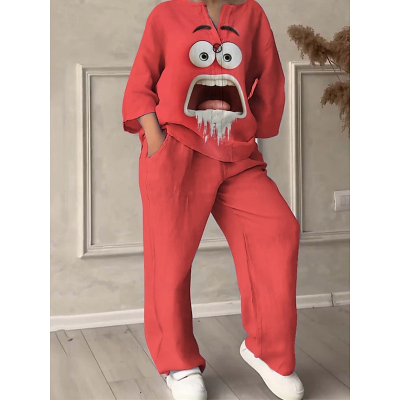 Women's Cartoon Funny Smile Face Pants Sets Long Sleeve V Neck 3D Print Print Vacation Daily Holiday Yellow Red Blue Summer Regular Fit2